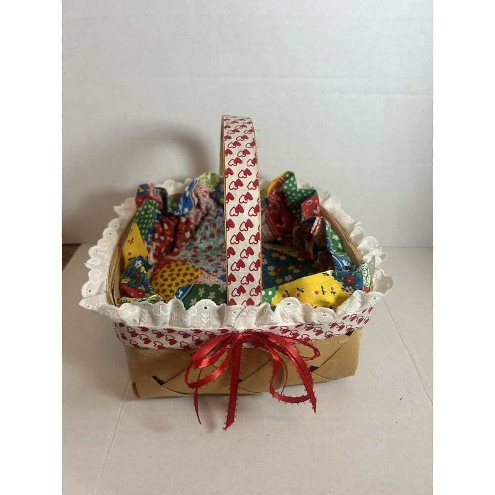 Woven Basket Fabric Cushioned Liner Heart Trim 7.5” Farmhouse Grannycore Decor - Picture 2 of 16